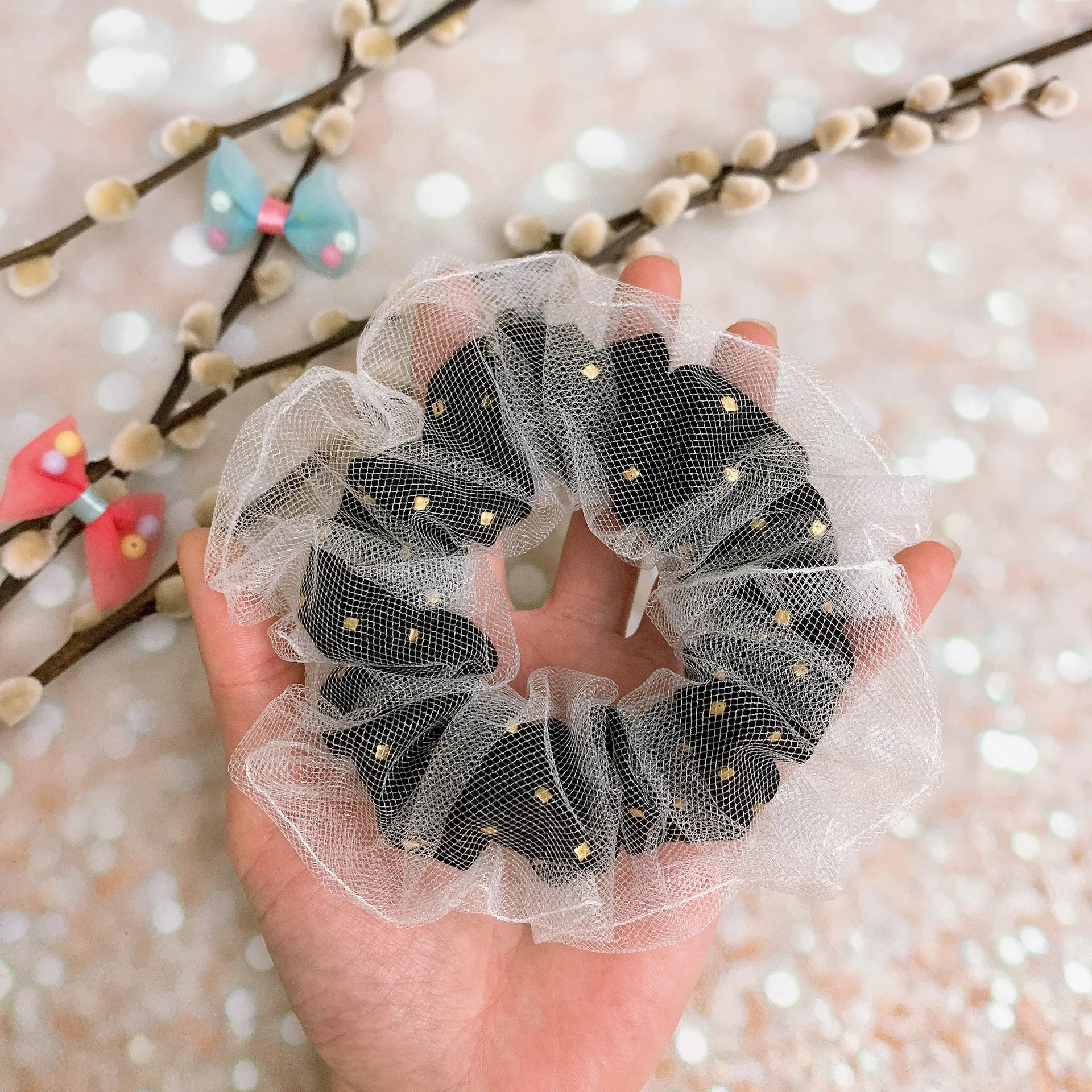 Black And Gold Metallic Squares Studs Double Layered Tutu Scrunchie - Image 4