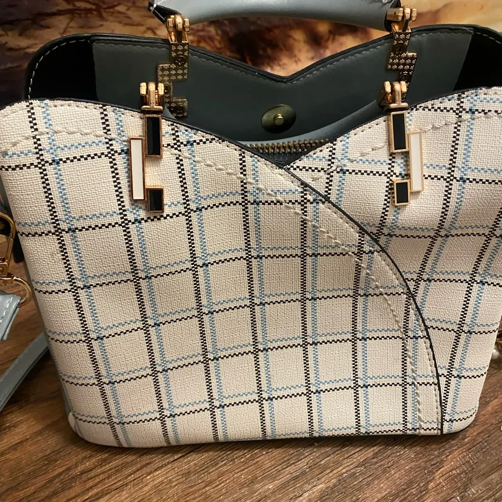 Womens Purse Hand Shoulder Bag Light Plue Plaid Front 7” H X 9” W X 4” Deep feet Blue - Image 2