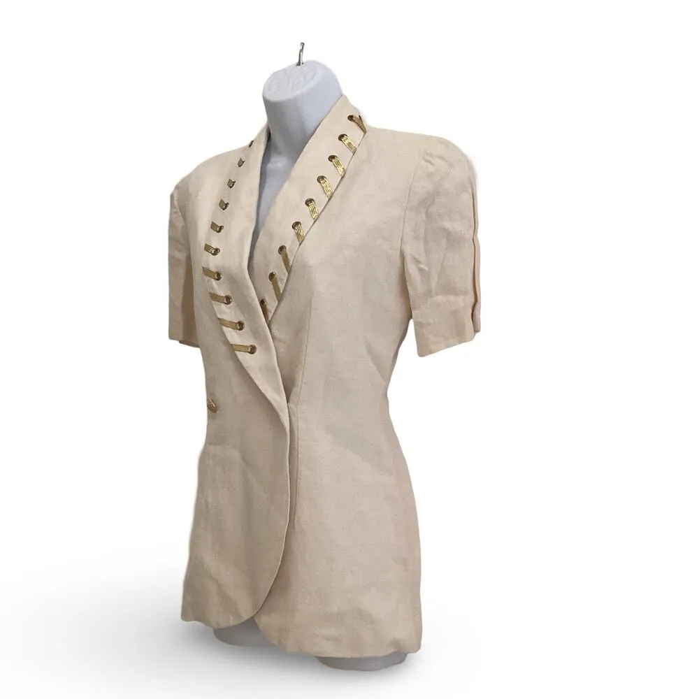 Karen Max Short Sleeve Linen Blazer Gold Size 8 - Image 3