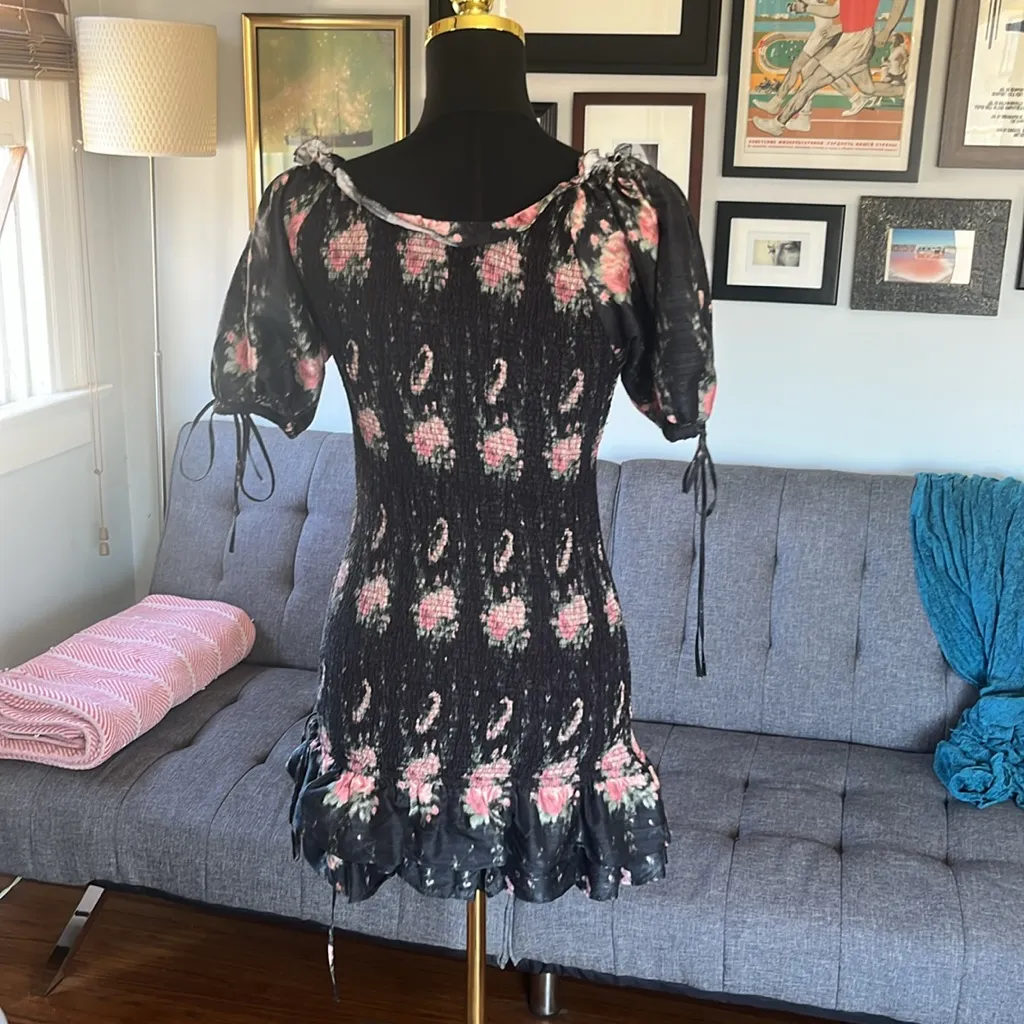 LoveShackFancy Black and Pink smocked silk Mini Dress size XS - Image 4