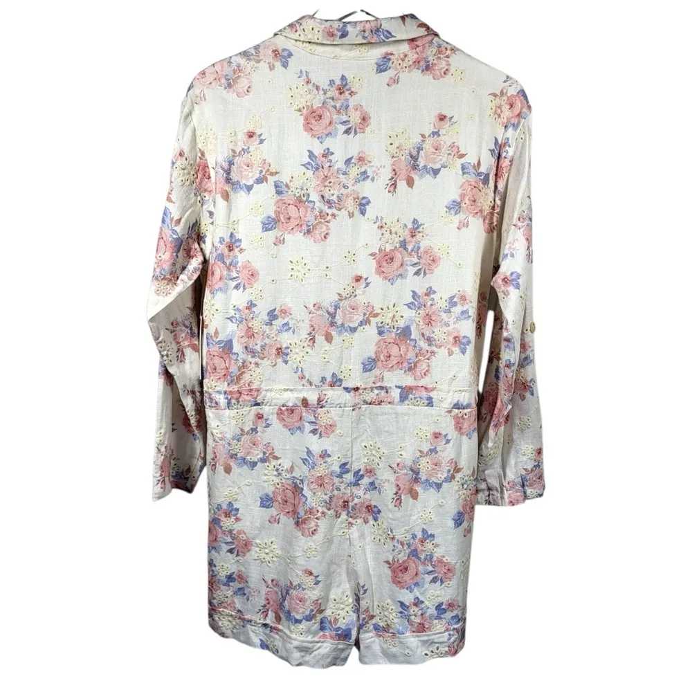 NWT A Collective Story Linen Blend Floral Print Eyelet Romper in Ivory/Pink Pink Size M - Image 5