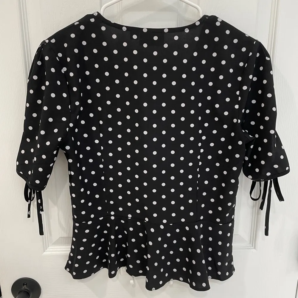 Voodoo Vixen Black White Polka Dot Button Down Peplum Top Women’s Size S - Image 2