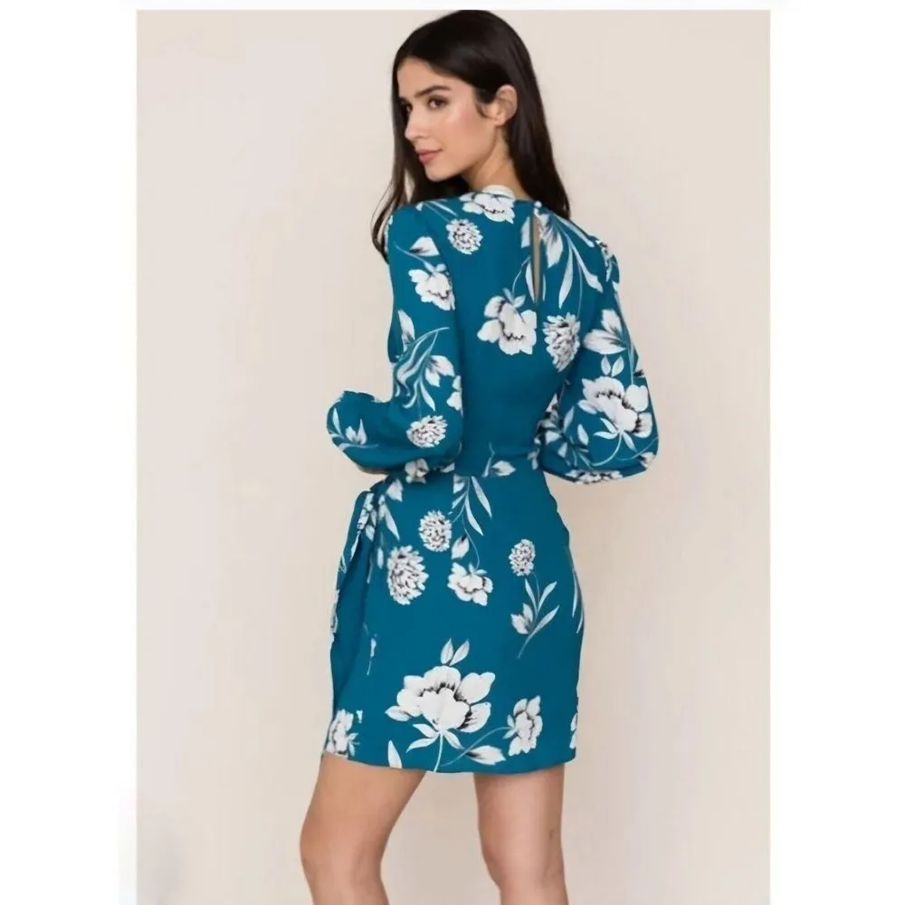 YUMI KIM Floral Mini Dress Sz S Tie Me Over in Duet Ink Turquoise Wrap Front NWT - Image 3