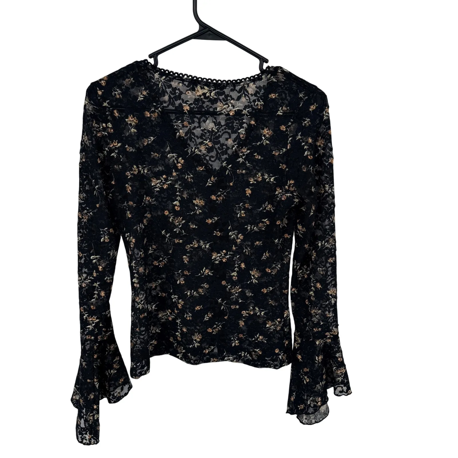 Vtg Charlotte Russe 90s Black Floral Lace Bell Sleeve V Neck Babydoll Whimsigoth - Image 4
