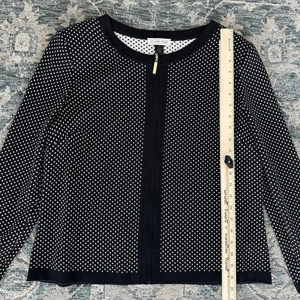 St John Sport Sweater Jacket Large Black White Zip Up Wool Blend Knit Career - Image 9