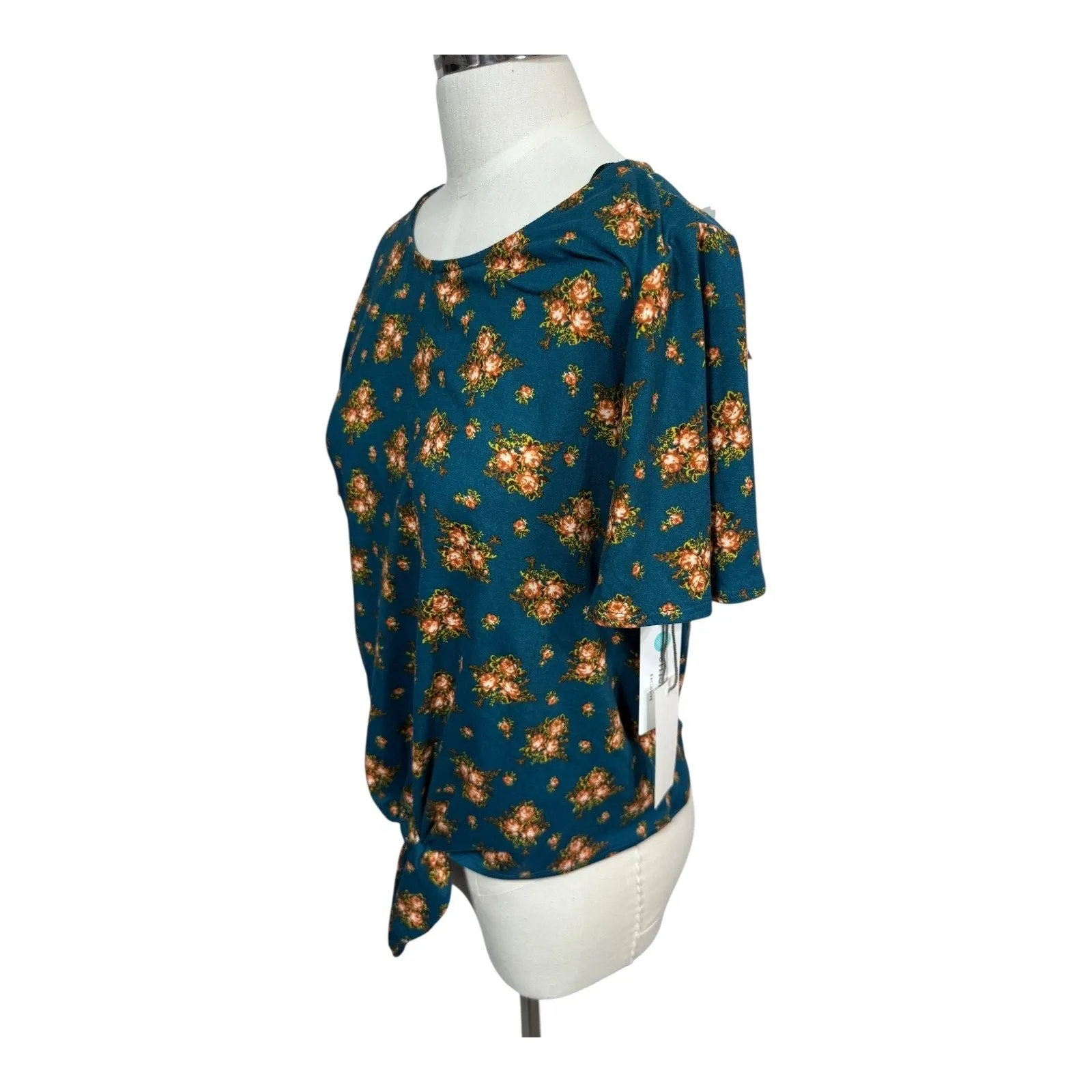 Nine Britton Maybelle Tie Front Floral Print Knit Short Sleeve Top Teal Small ew - Image 2