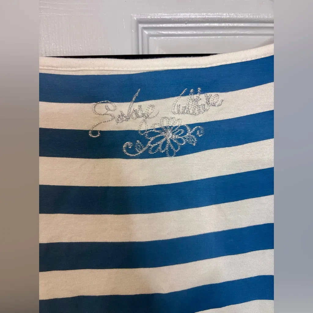 Savage Culture T Shirt Top Women’s XL White Blue Stripe Marine Art Design Lace - Image 5