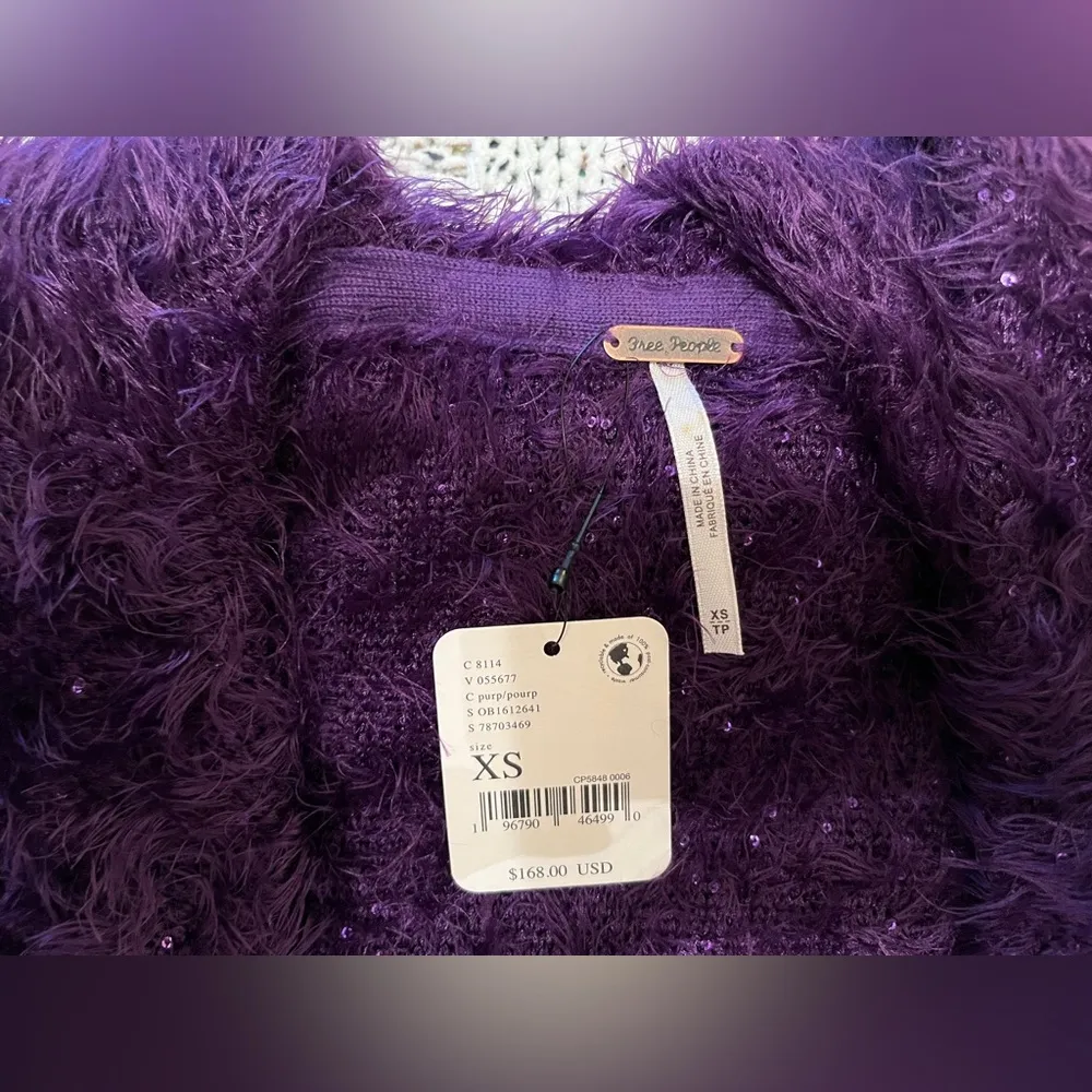 Free People Mina Cardigan Eyelash Knit Cropped Sweater in Purple, Size XS, NWT - Image 8