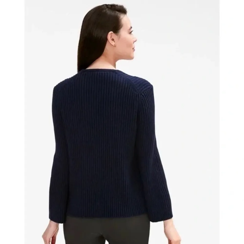 MM Lafleur • The Min Cashmere Merino Wool Rib V Neck Sweater navy bell sleeve - Image 10