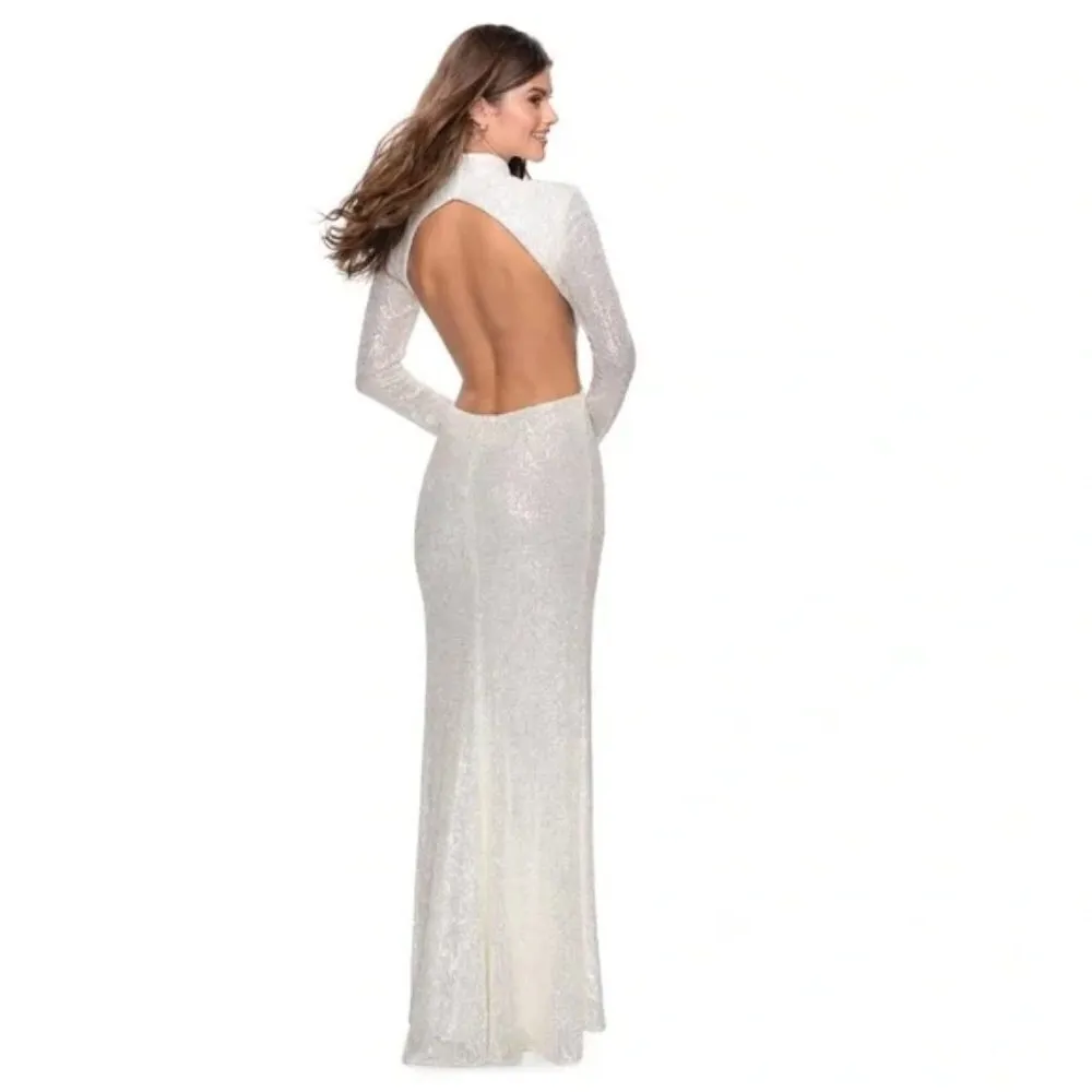 LA FEMME Sequin Long Sleeve Cutout Gown in White Size US 6 - Image 9