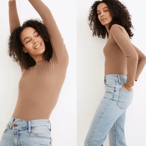 Ribbed Crewneck Full-Coverage Bodysuit Brown Size S - Image 2