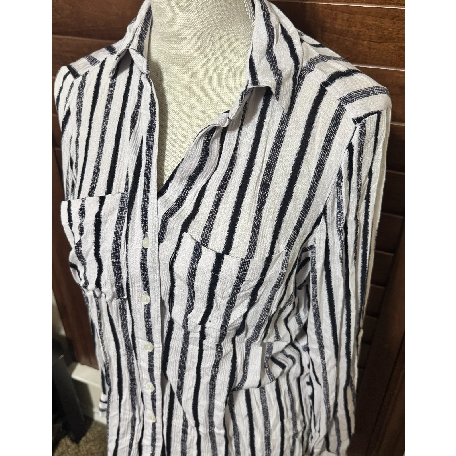 Black Tape Women's S Button Up Long Sleeve Blouse shirt Gauzy Striped office - Image 2