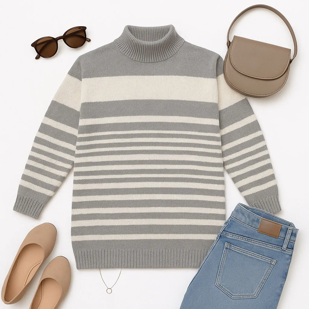 Haberdasher Vintage Silk Blend Gray White Striped Turtleneck Sweater Size S EUC - Image 3