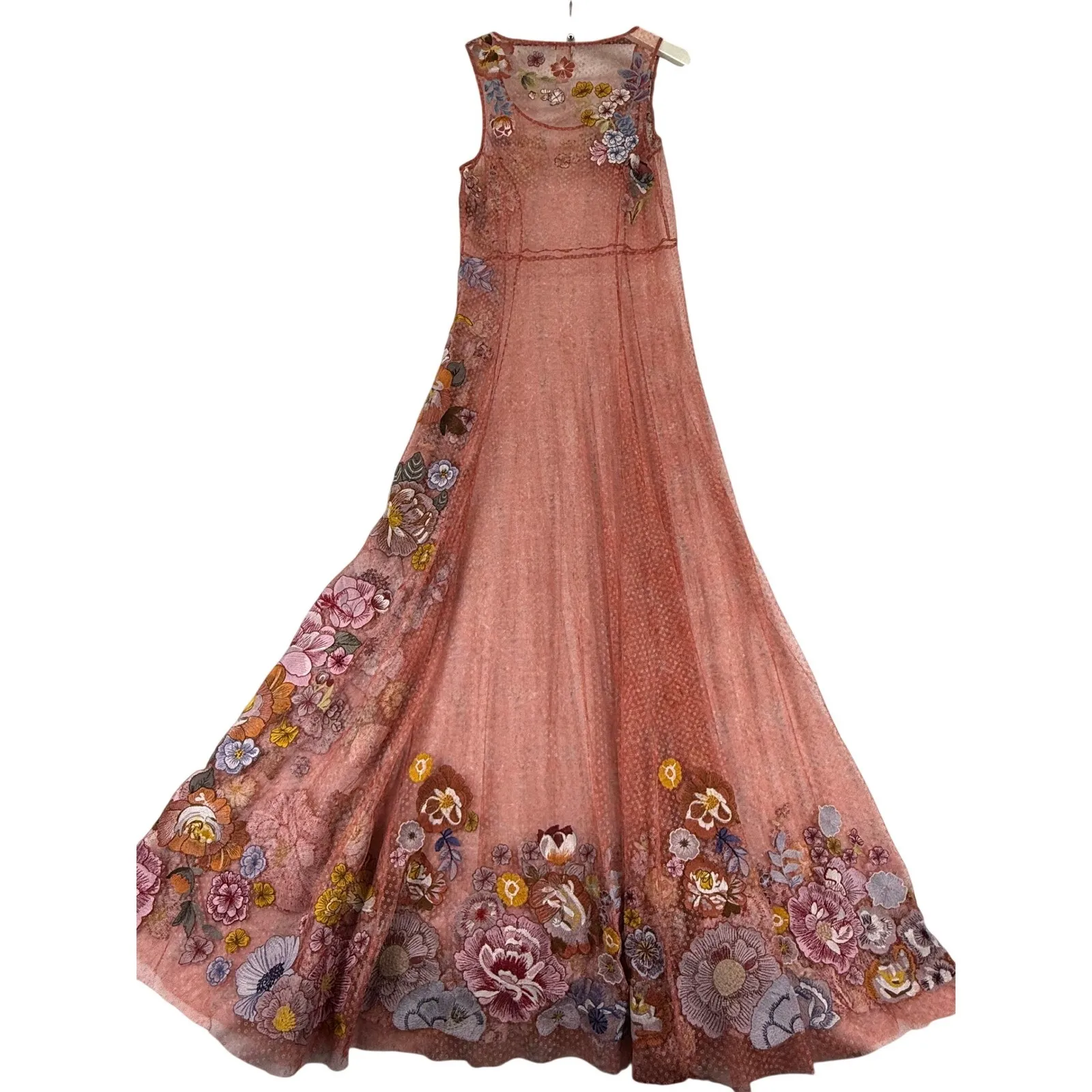 Sundance Embroidered Mesh Maxi Dress Coral Floral Sleeveless Size 2 sheer - Image 6