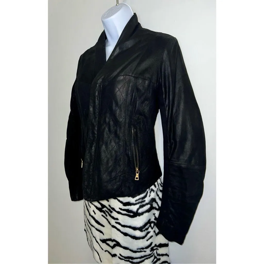 Aqua Black Leather Jacket with Gold Accents - Image 2