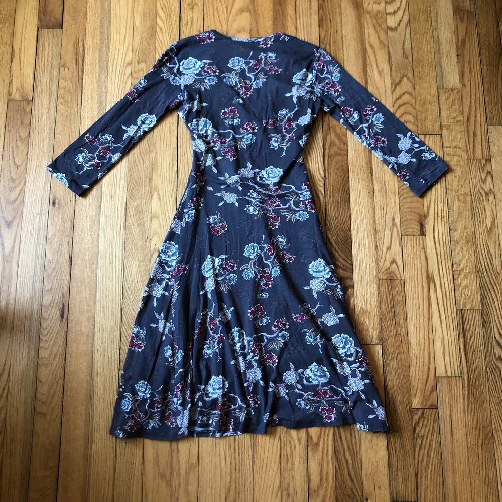 Garnet Hill EUC Women's Brown/Taupe Brianna Tencel Floral Knit Wrap Dress XS - Image 7