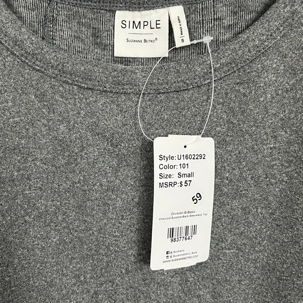 NWT Simple Suzanne Betro Gray Tank Workout Top with Cut Off Back Size Small - Image 6