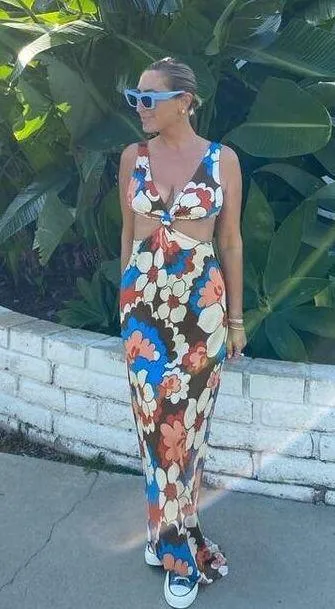 RONNY KOBO Retro Floral Printed Waist Cutout Scoop Back Sammy Cutout Dress Small - Image 16