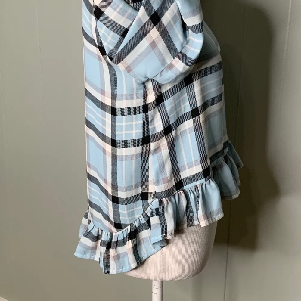 Gianni Bini Blue Plaid Crop Top Wide Sleeves Ruffle Hem Dainty Blouse S - Image 3