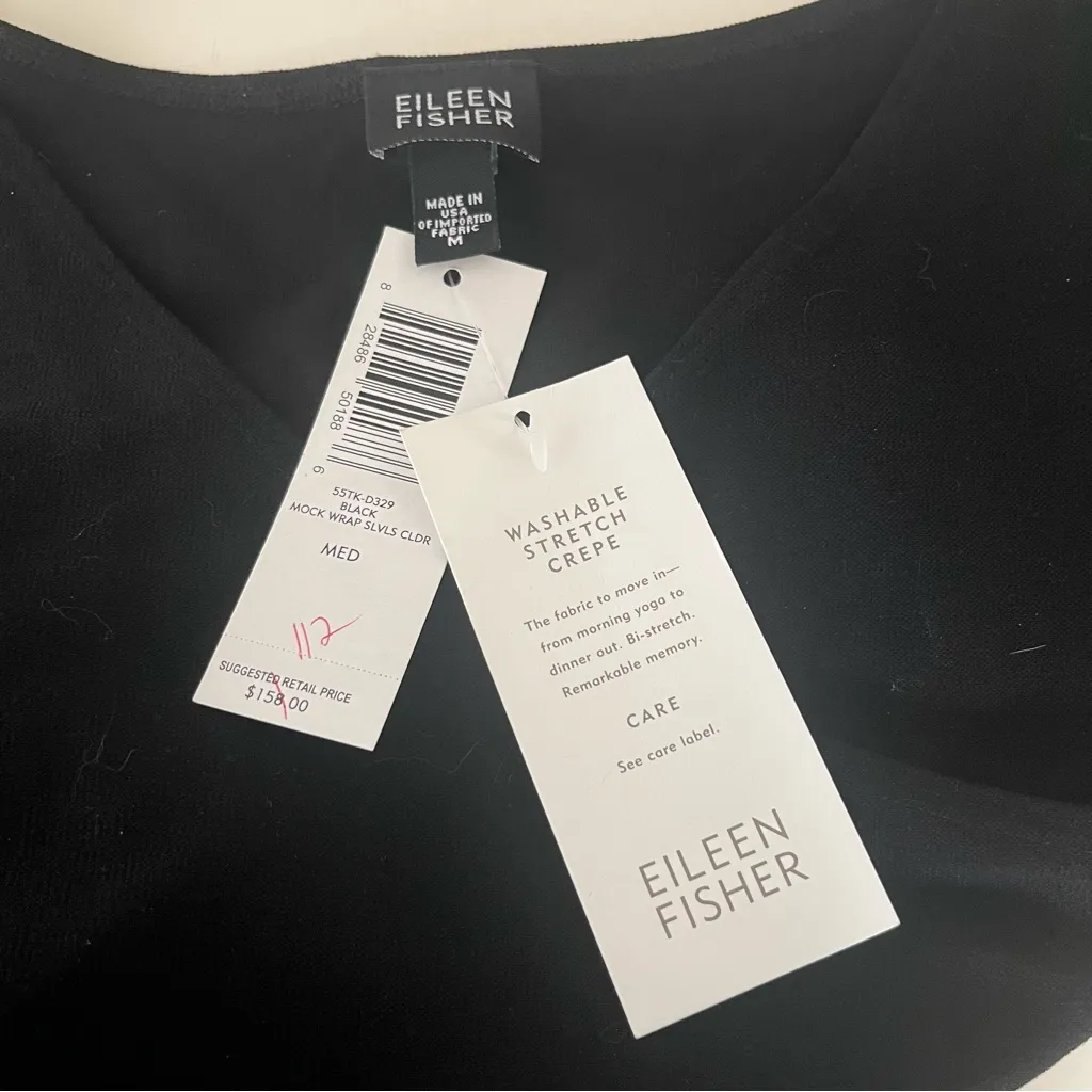 EILEEN FISHER Black Dress Sleeveless Mock Wrap Washable Crepe Size Medium NEW - Image 6