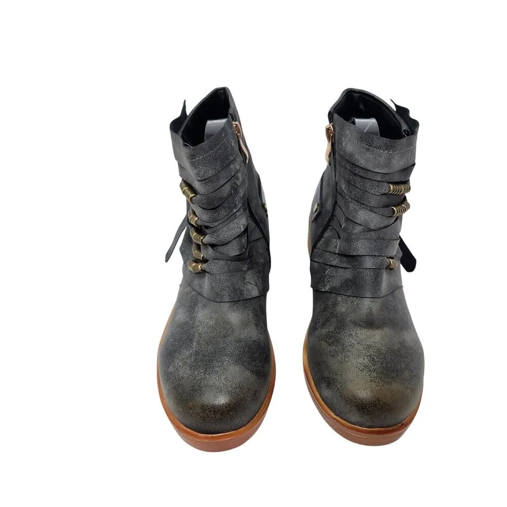 Retro Round Toe Ankle Combat Boots Faux Leather Side Zip Pull On Gray Size 41 Black - Image 5