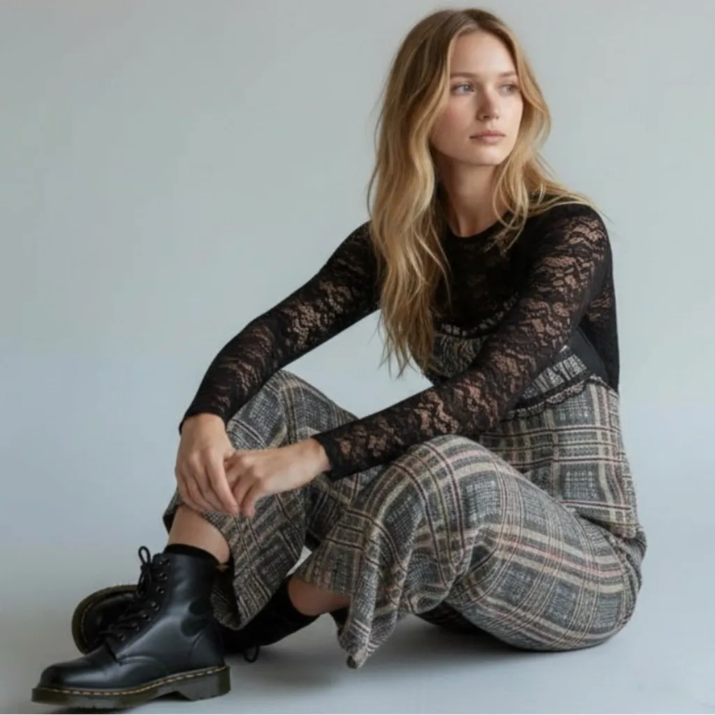 Free People Wide Leg Marley Plaid One Piece Jumpsuit Size Medium NWT Grunge 90s - Image 6