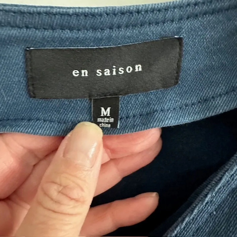 En Saison Puff Sleeve Belted Denim Wide Leg Jumpsuit Medium Blue - Image 11