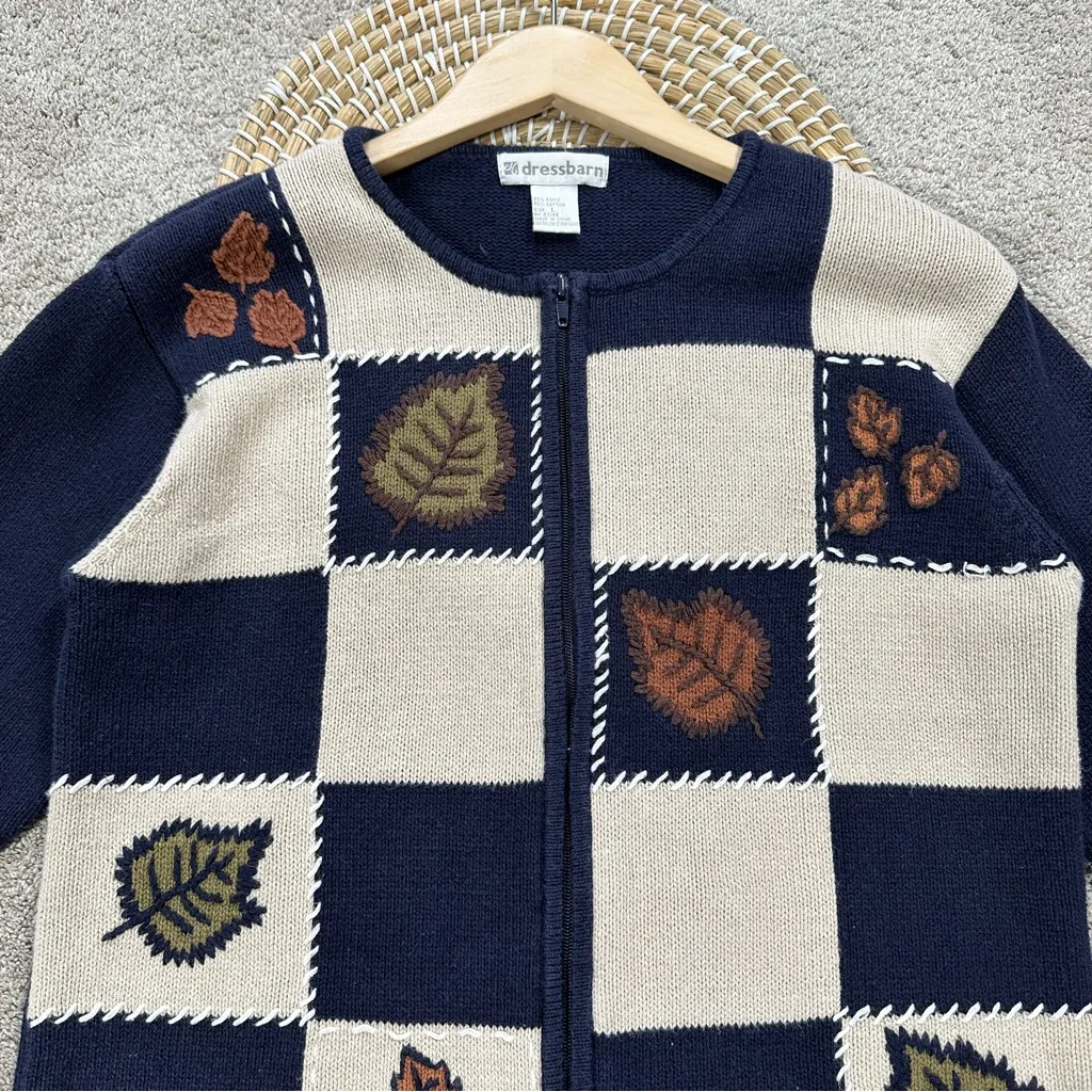 dressbarn Fall Leaves Patchwork Knot Sweater Cardigan Full Zip Grandmacore L Blue Size L - Image 3