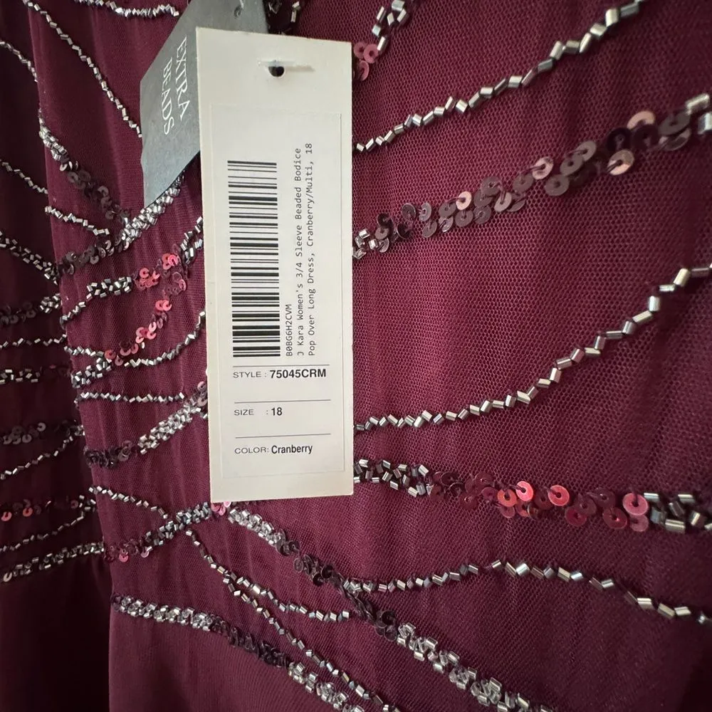 J Kara Women's 3/4 Sleeve Beaded Bodice Long Formal Dress Cranberry Red 18 NWT - Image 7