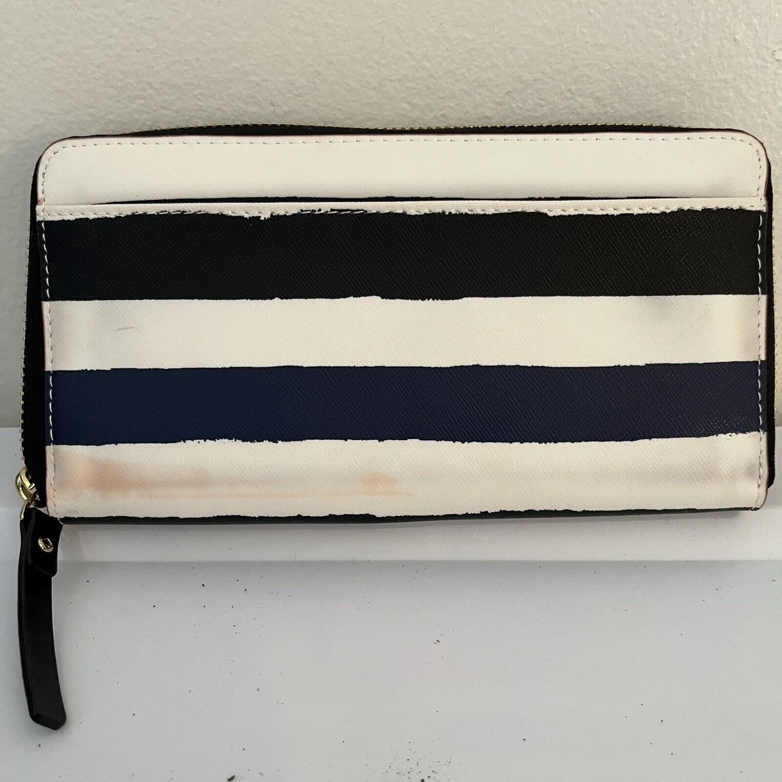 Kate Spade Zip Around Organizer Clutch Wallet Navy and Cream Stripe— Color‎ Flaw - Image 3