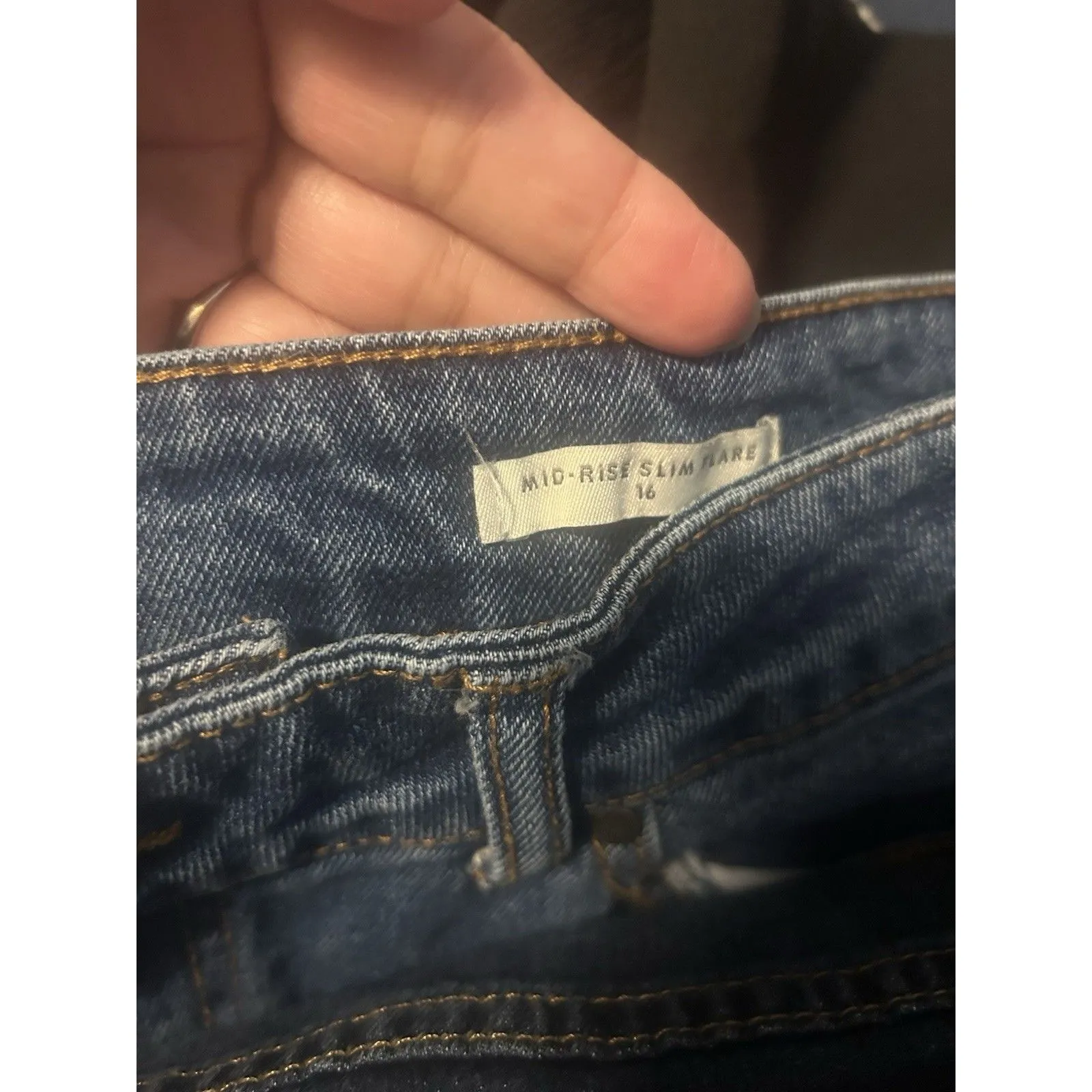 Wonderly Mid Rise Slim Flare Distressed Jeans Dark Blue Denim Size 16 Curvy Plus - Image 4