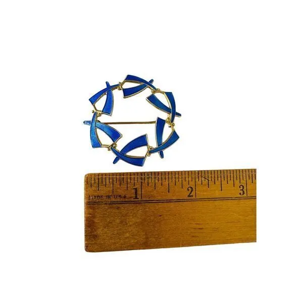Norway Blue Enamel Sterling Silver‎ 925S Circle Brooch Pin Vintage 1.75" - Image 5