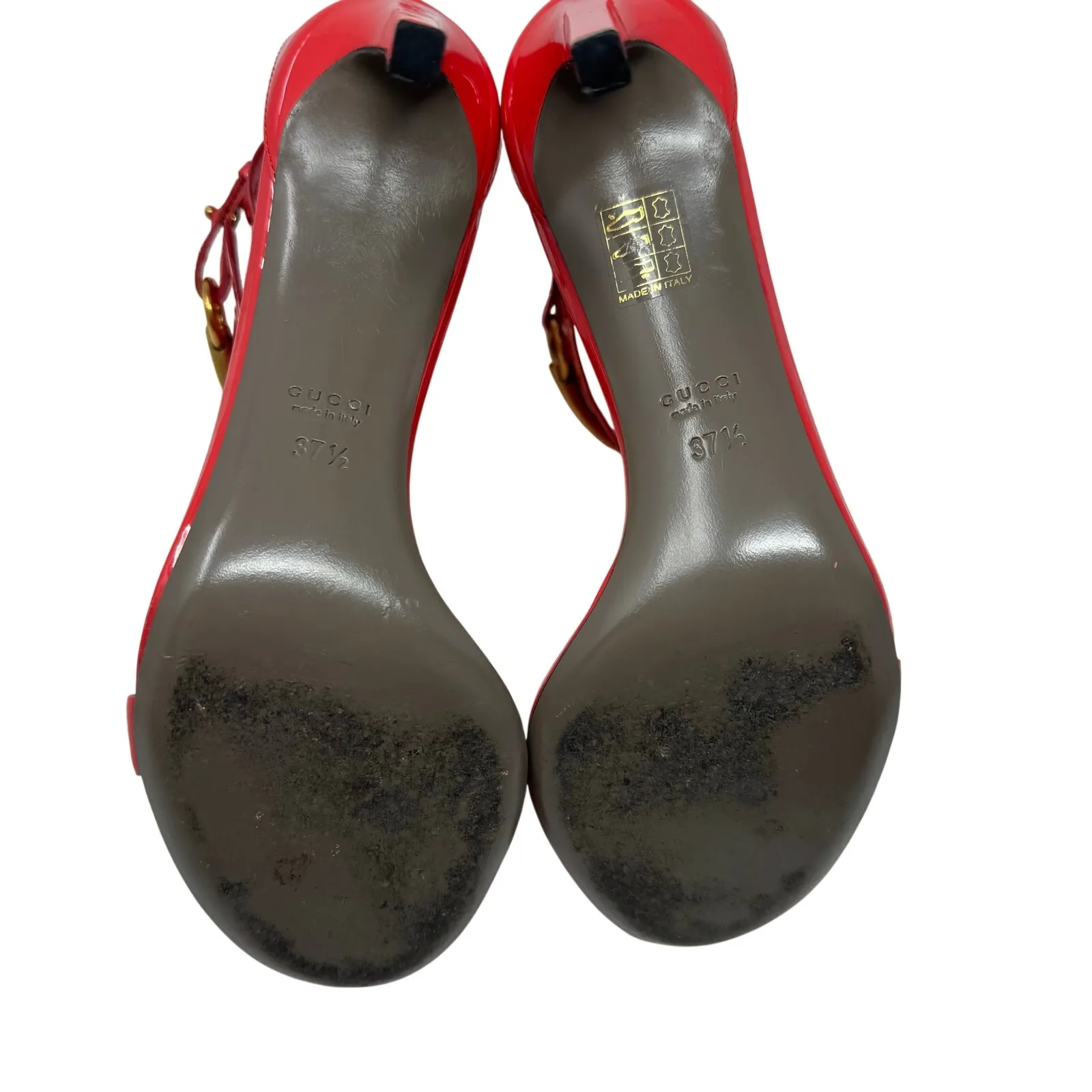 Gucci Ursula Coral Patent Leather Horsebit Ankle Strap Block Heel Pump 37.5 EU - Image 10