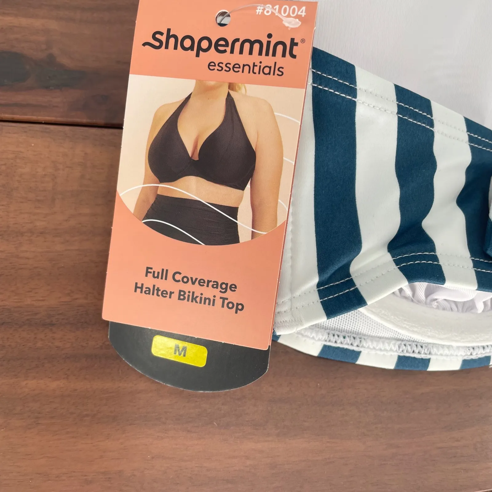 Shapermint Essentials Full Coverage Halter Bikini Top Navy White Stripe Size M Blue Size M - Image 3