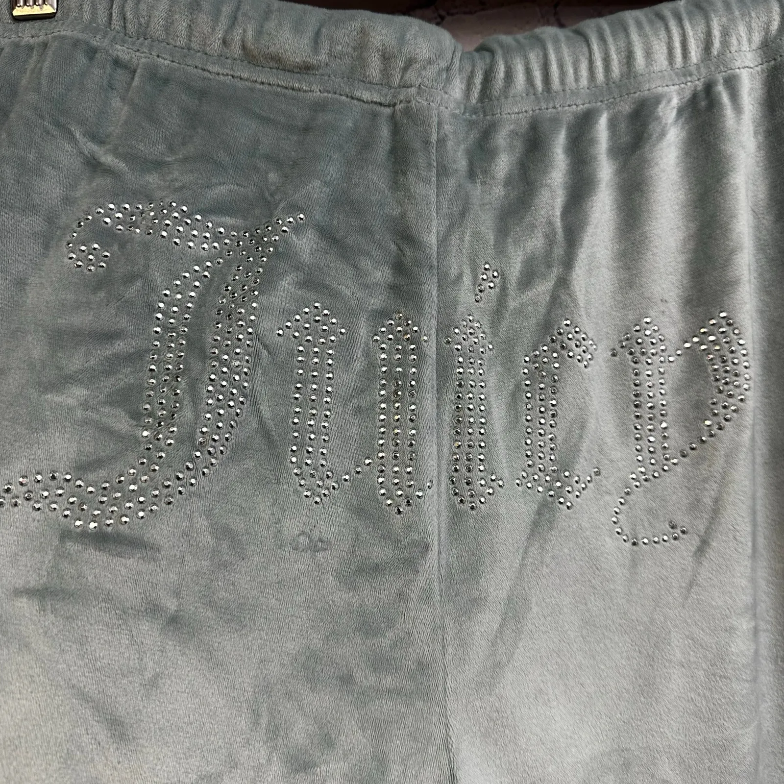 Juicy Couture Light Blue Velour Bling Track Drawstring Pants Size Medium Cozy - Image 5