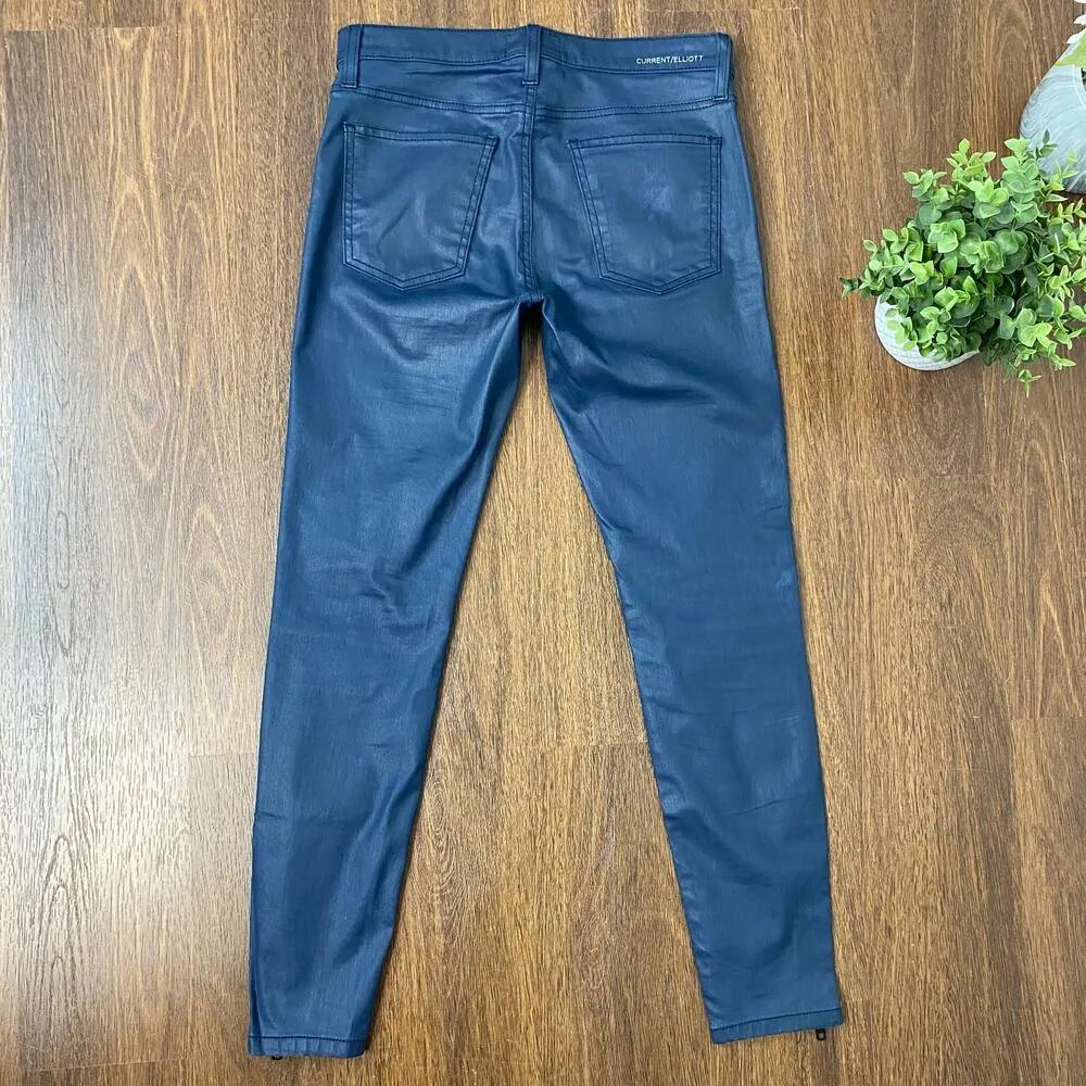Current/Elliott Navy Coated The Soho Zip Stiletto Moto Skinny Pant Sz 27 4 - Image 7