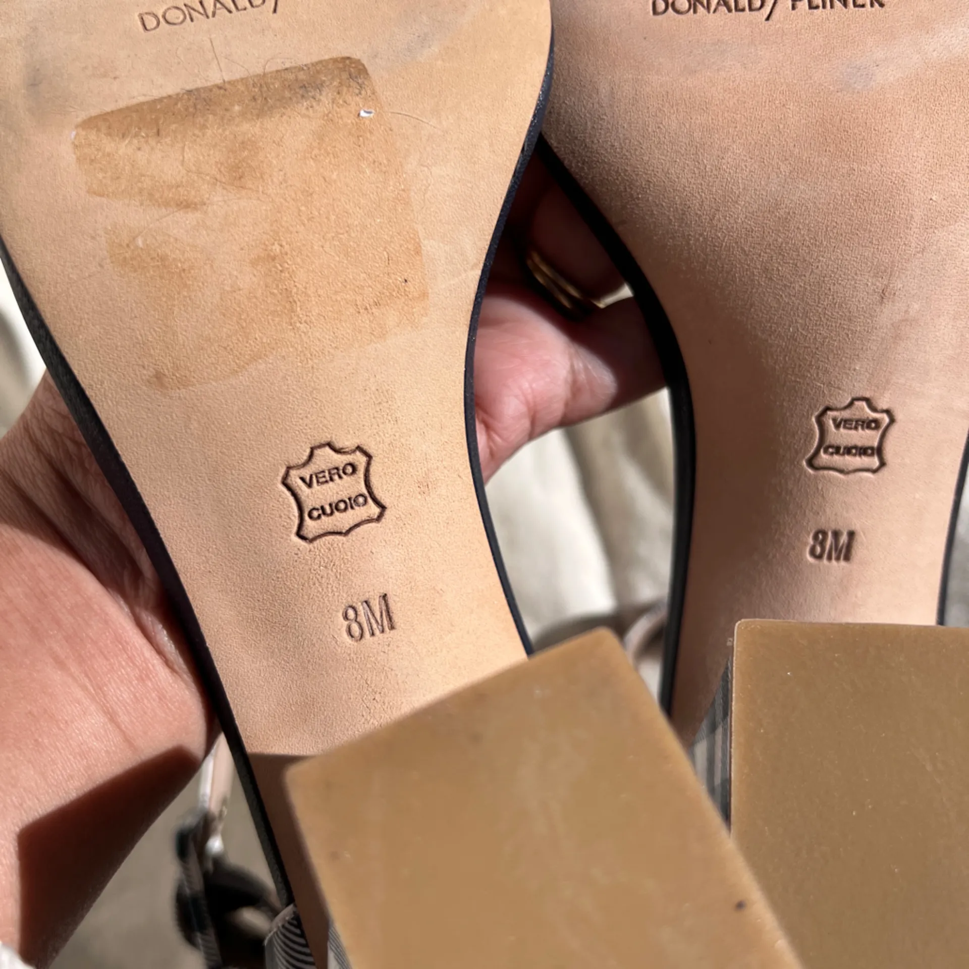 Donald Pliner Watson Gingham Color Block Leather Open Toe Heel Sandals size 8M Blue - Image 11