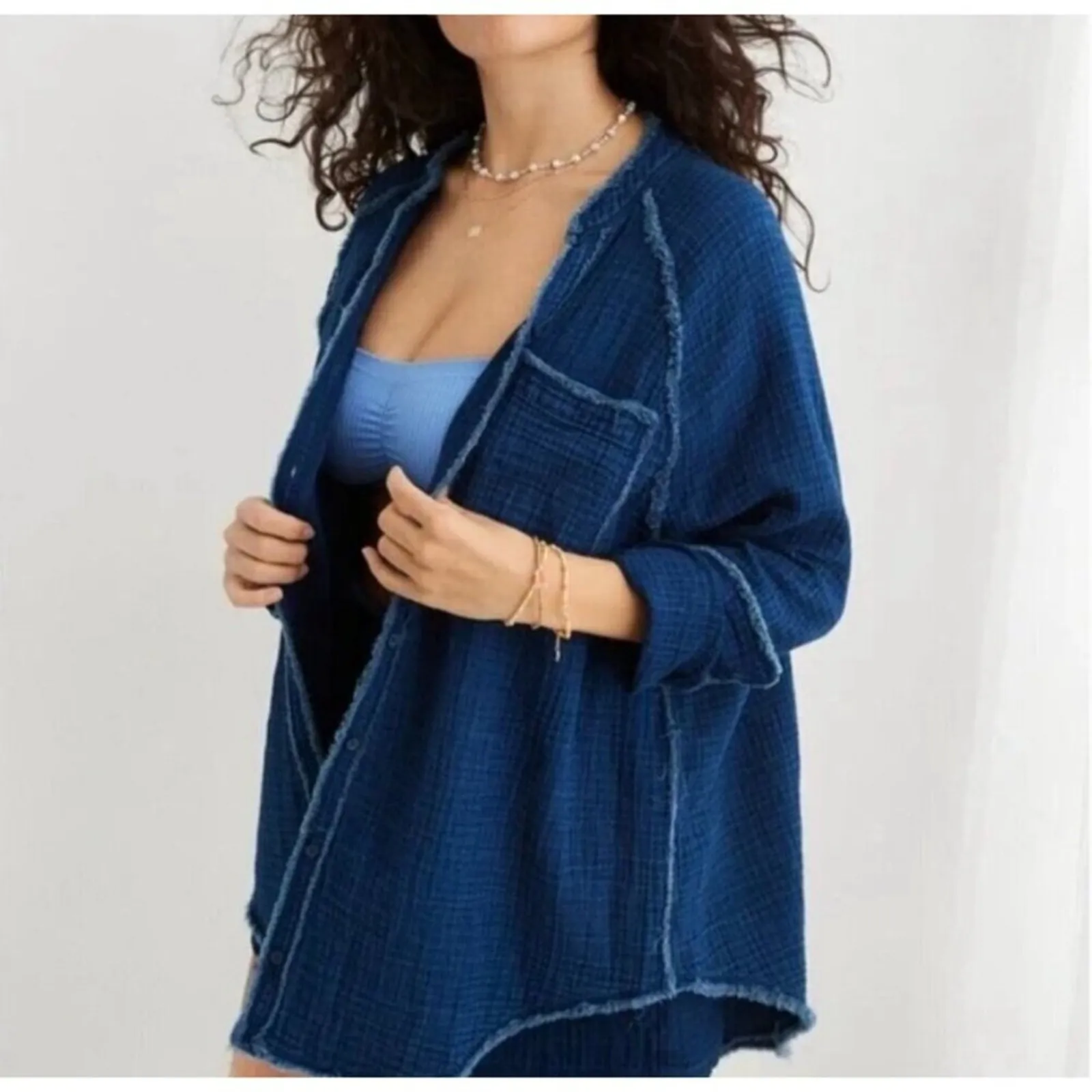 Aerie Sz M Oversized Indigo Blue Gauze Cover Up Button Down Shirt Dress Pocket - Image 12