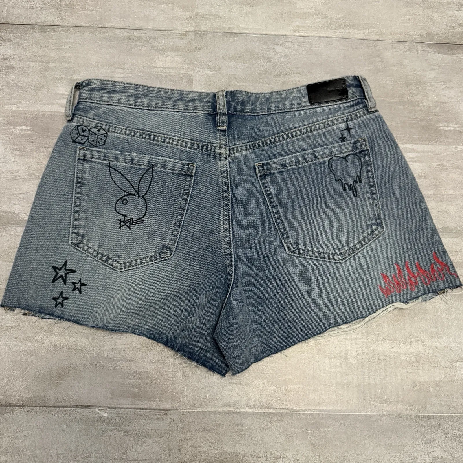 Playboy Denim Jean Cutoff Shorts Size 7 Graffiti Doodles Heart Dice Flames Bunny - Image 2