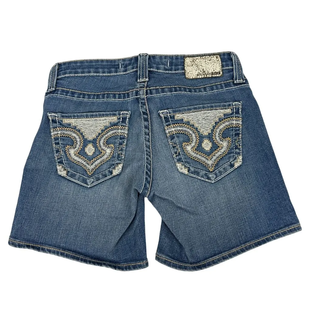 Big Star Womens Remy Low Rise Fit Denim Shorts Size 26 Blue Embroidered Pockets - Image 3