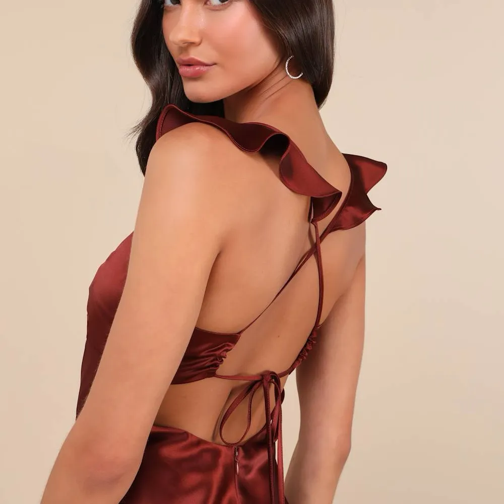 Lulus Exuberant Luxury Rust Classic Satin Ruffled Lace-Up Maxi Dress Size L NWT - Image 5