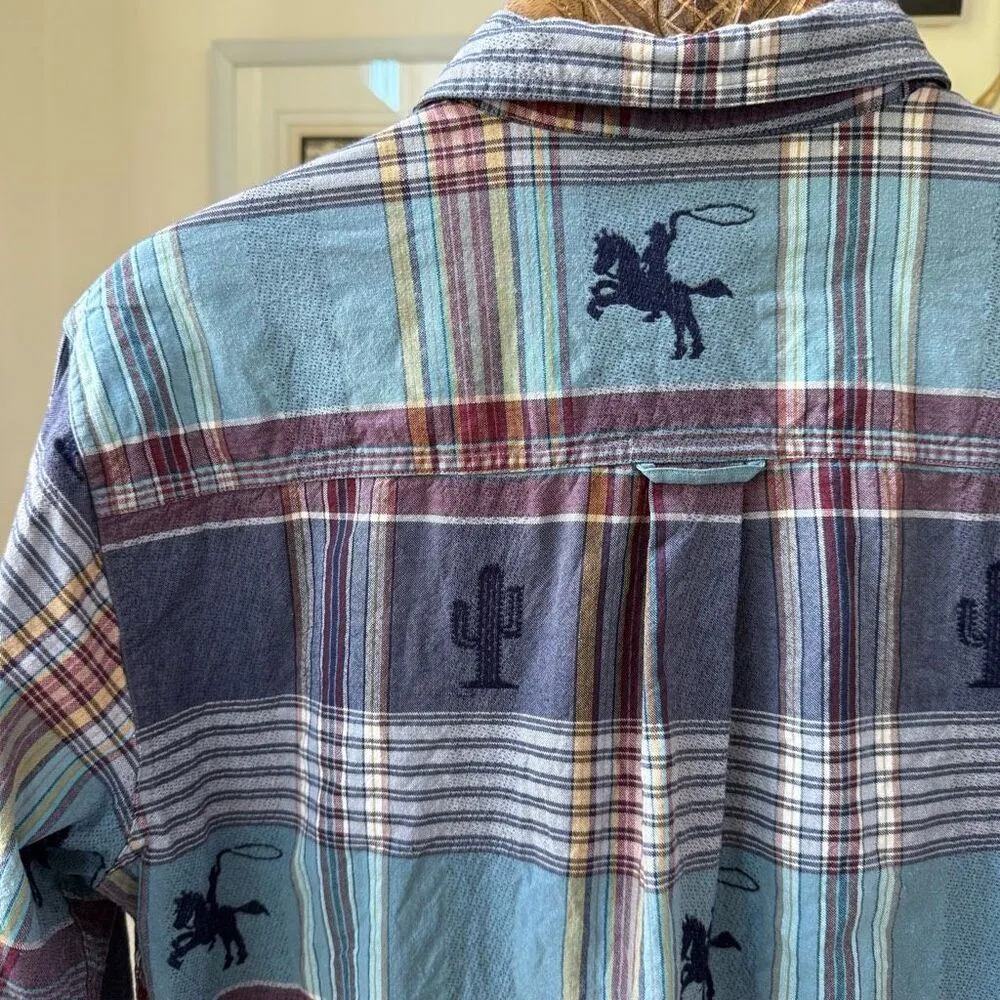 Vintage 90s LG Sport Plaid Cotton Button Up Shirt Southwestern Cowboy Cactus L Blue - Image 3