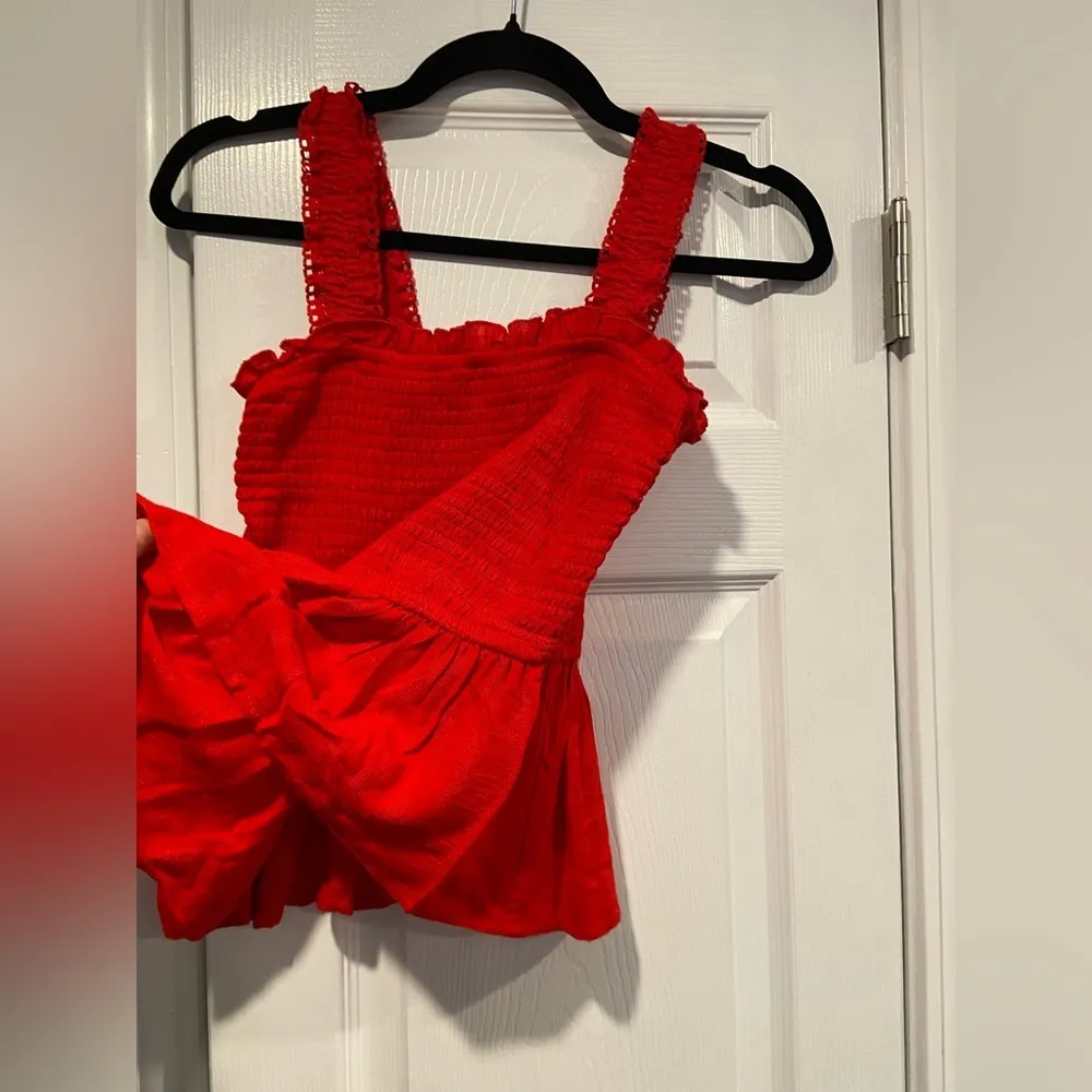 Joppa Size XS Red Stretchy Smocked Ruffle Hem Eyelet Lace Strap Crop Tank Top - Image 6