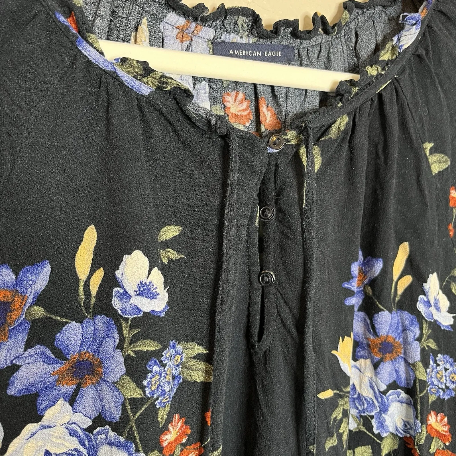 American Eagle Dark Romantic Floral XL Whimsigoth Blouse Top Tassel Boho Goth XL - Image 4
