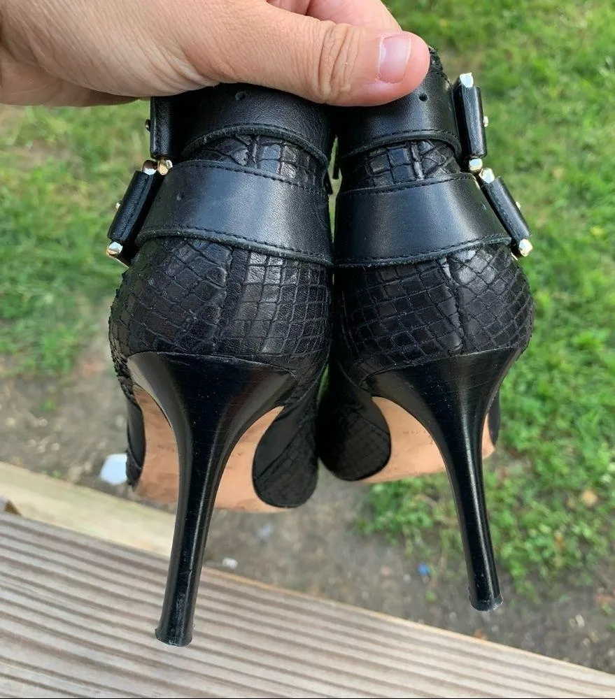 Ann Taylor Black Leather Stiletto Booties Faux Snakeskin - Image 7