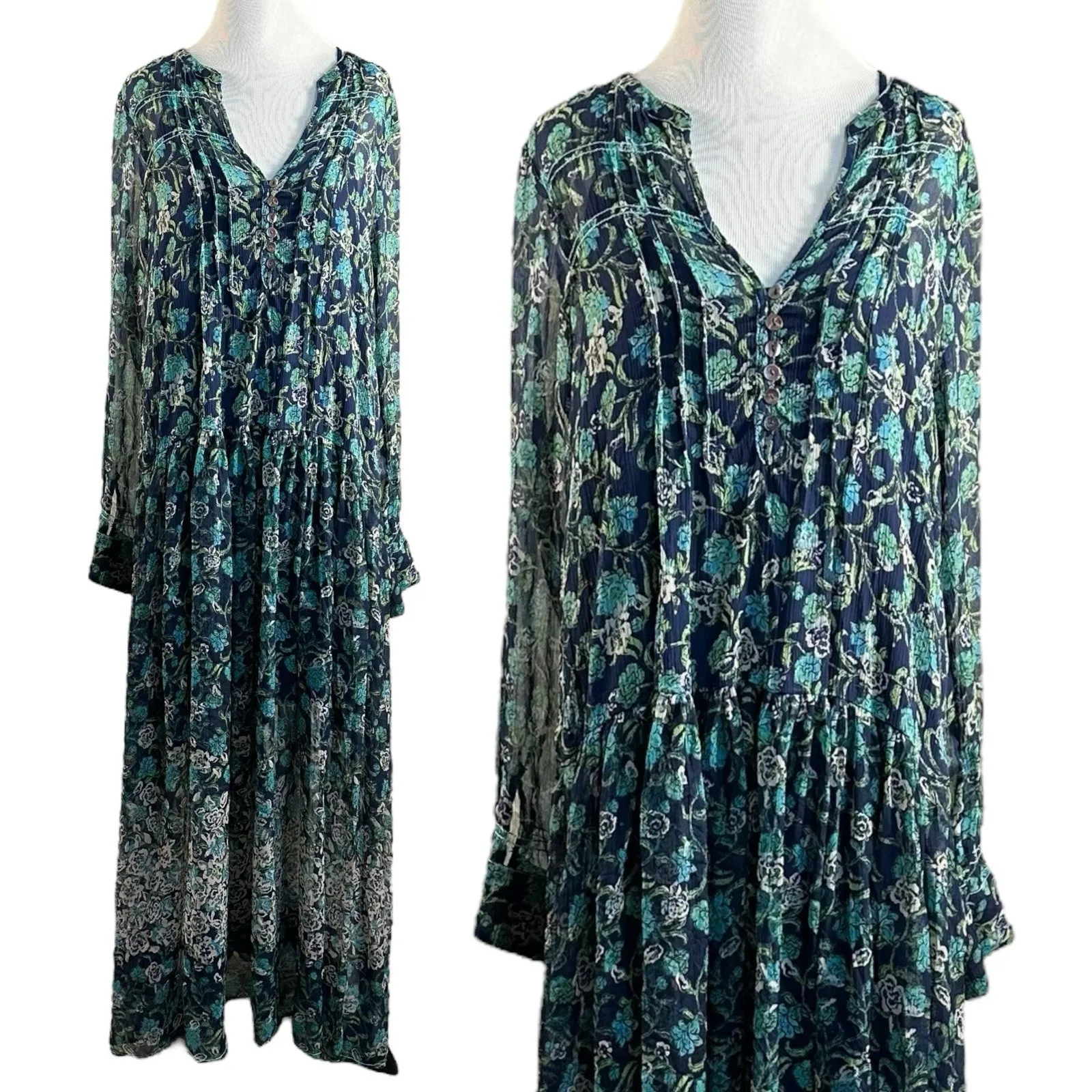 Free people Bohemian See it through Maxi Dress Twilight Floral Retro 70s Large - Image 5