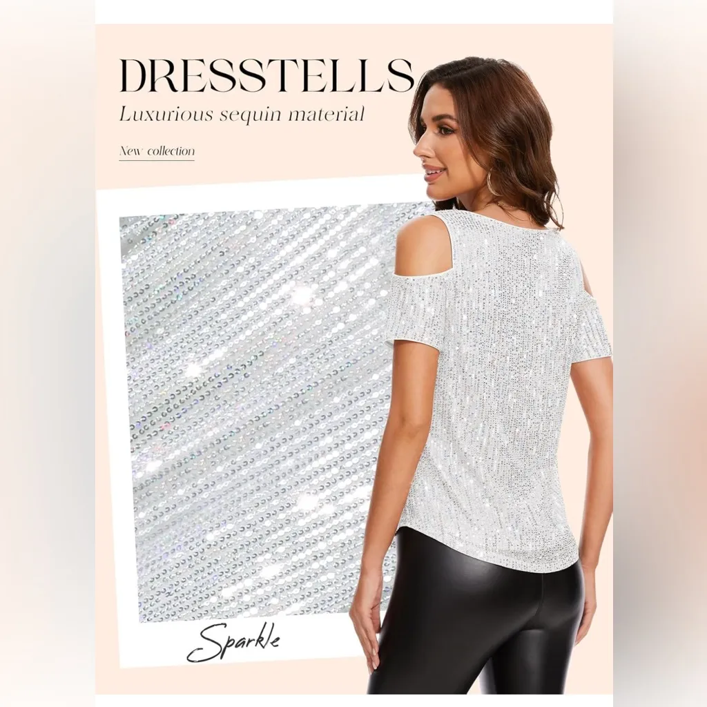 Dresstells White Sequin Cold Shoulder Blouse Size S NWT - Image 13