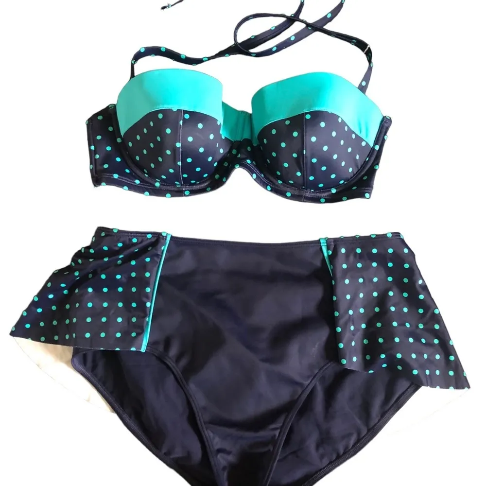 Retro Polka Dot Bikini 12 Navy Teal Flirty Balconette Top Skirt Bottom - Image 2