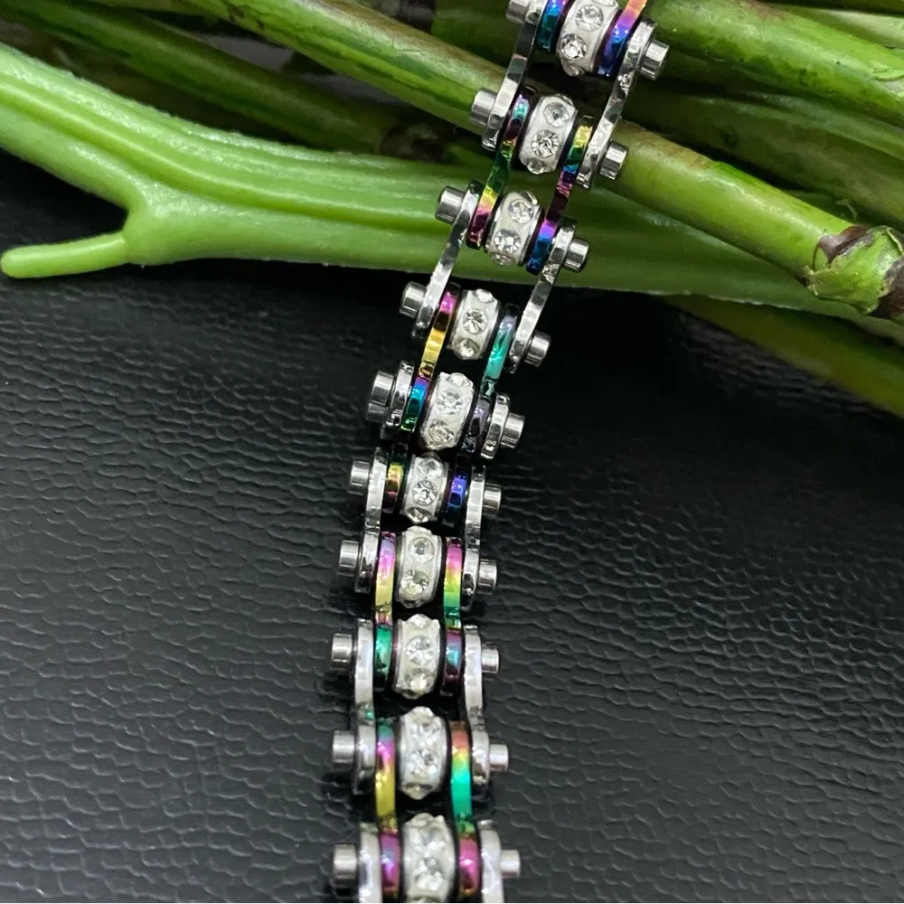 Rainbow Stainless Steel Bling Mini Motorcycle Bike Chain Bracelet 28.7g - Image 4