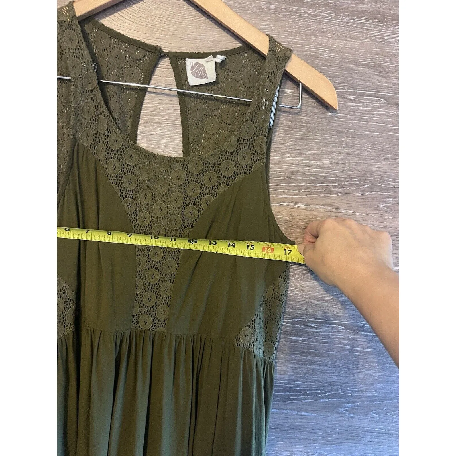 Anthropologie Lilka Dress Olive Green Rayon & Lace Sleeveless Open Back Sz S - Image 8